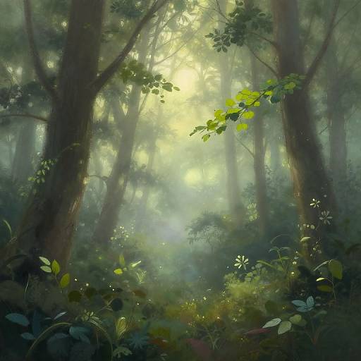 Digital painting of a misty forest with tall trees, sunlight filtering through, and lush green foliage. Bright light creates a magical, serene atmosphere.