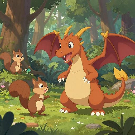 Digital cartoon of a cheerful, orange dragon with yellow horns and red wings standing in a sunny forest, interacting with three cute brown squirrels. Bright,