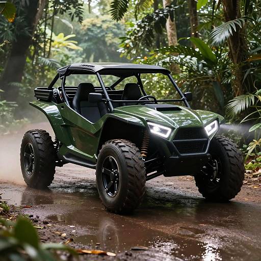 Photograph of a green, off-road buggy with large tires, bright headlights, and black accents, driving through a lush, misty jungle.