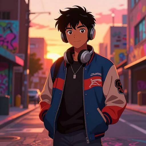 Anime-style digital drawing of a young man with black hair, headphones, wearing a blue and red jacket, standing in a vibrant, graffiti-filled urban street