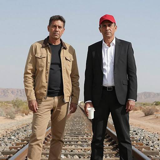 Serious Men on Desert Railroad Tracks