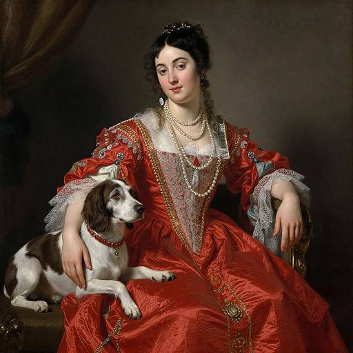 Photograph-style painting of a fair-skinned woman in a luxurious red velvet gown with lace, pearl necklaces, and black hair, seated beside a