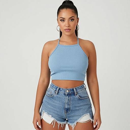 Photograph of a young woman with tanned skin and long black hair in a high ponytail, wearing a light blue ribbed crop top and high