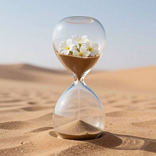 Photograph of a clear glass hourglass with white flowers on the sand, set on a sunlit, sandy desert landscape.