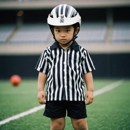 Young Asian Boy in Referee Costume with Helmet