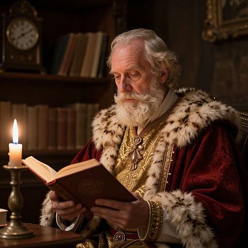Photograph of an elderly, white-bearded Santa Claus in a fur-trimmed, gold-embroidered robe, reading a book by candle