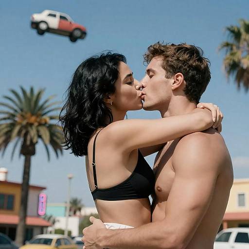 Romantic Kiss Under Vibrant Skies