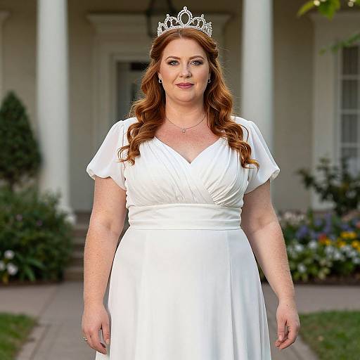 Photograph of a fair-skinned, red-haired woman with a silver tiara, wearing a white, V-neck, short-sleeve dress,