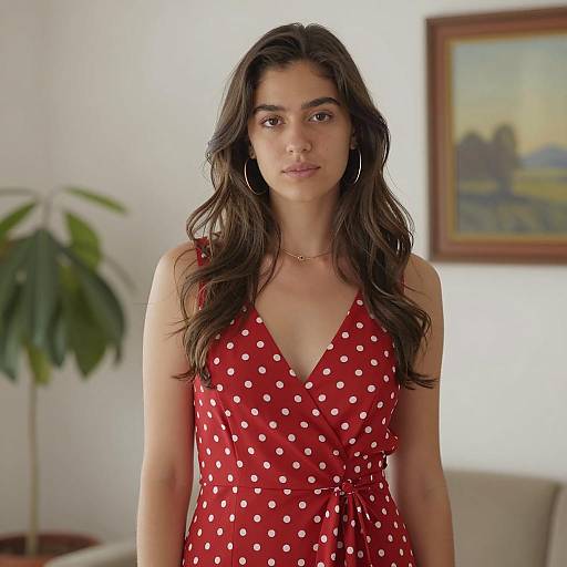 Young Woman in Red Polka Dot Dress Indoors