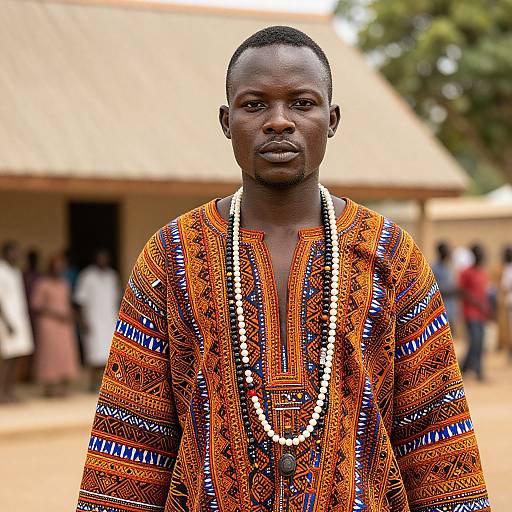Photograph of a serious African man with dark skin wearing an intricate orange and blue traditional patterned shirt and white bead necklace, standing in front of a