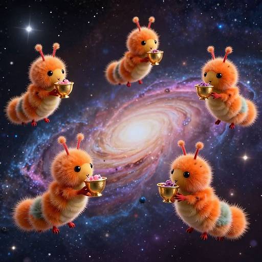 Digital illustration of five fluffy, orange, antennae-wearing, caterpillar-like creatures floating in space, holding golden bowls, with a glowing galaxy background