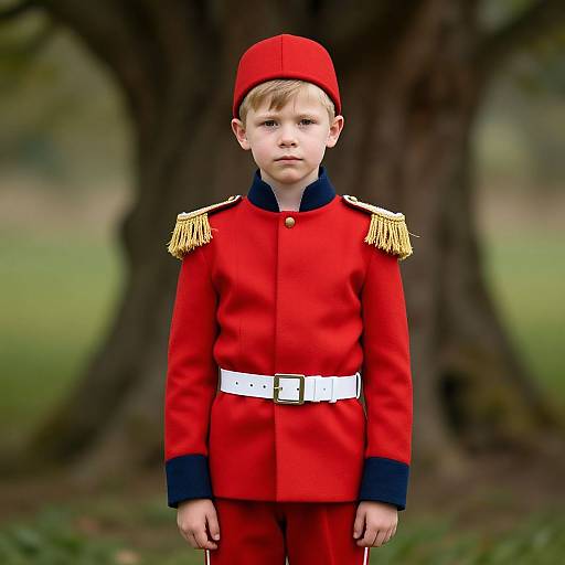 Photograph of a young blond boy in a red military-style uniform with gold epaulettes, white belt, and red hat, standing in front