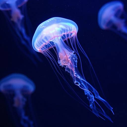 Photograph of a glowing blue and purple jellyfish with translucent tentacles, floating gracefully against a dark, underwater background.