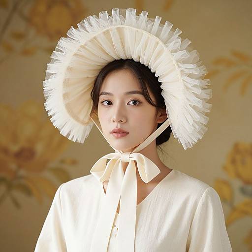 Photograph of an East Asian woman with fair skin, wearing a white, frilled bonnet and matching dress, against a floral background.