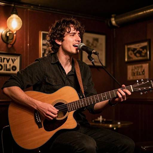 Photograph of a curly-haired man in black shirt, playing acoustic guitar and singing into a microphone in a dimly-lit, wooden-walled bar