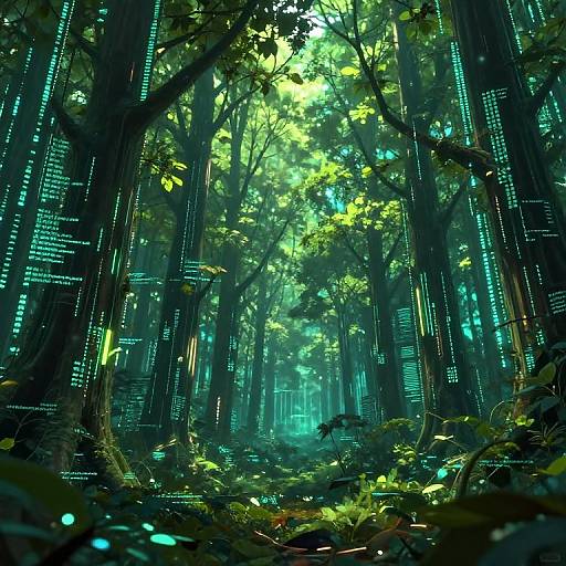 Digital art of a luminous, futuristic forest with tall trees adorned with glowing, neon-green lines and bioluminescent leaves, casting a mystical,