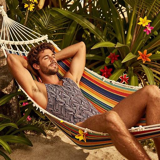Photograph of a relaxed, muscular man with curly brown hair, wearing a black-and-white patterned tank top, lounging in a colorful striped hamm