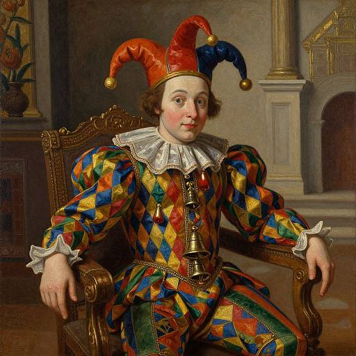 Baroque-style painting of a pale-skinned, red-cheeked man with curly brown hair, wearing a colorful diamond-patterned jester costume and