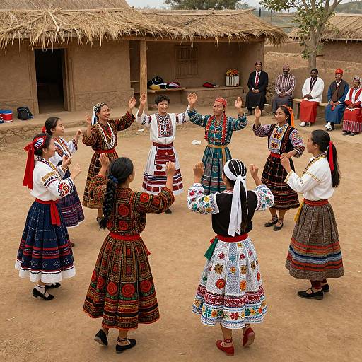 Photograph of traditional Mexican dancers in colorful, embroidered dresses and headscarves, performing in a rural village with thatched roof huts.