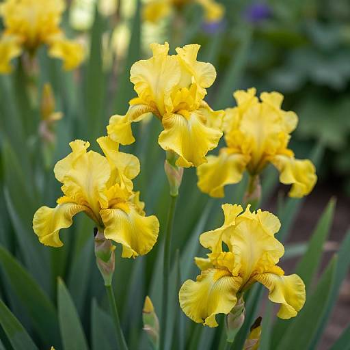 Photograph of vibrant yellow irises with ruffled petals, standing tall among lush green leaves in a sunlit garden.