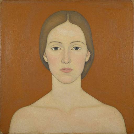 Surrealist painting of a pale-skinned, brown-haired woman with simple features, black eyes, and pink lips, against a warm brown background.