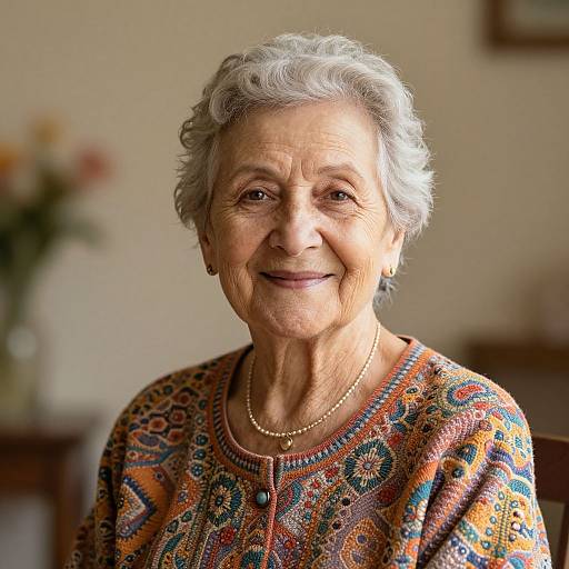Photograph of an elderly woman with short gray hair, smiling, wearing a colorful, patterned blouse and pearl necklace, against a softly lit, blurred