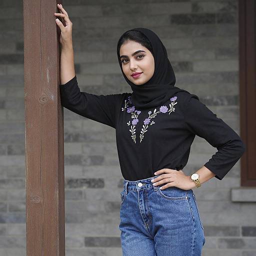 Young Woman in Embroidered Hijab Outfit