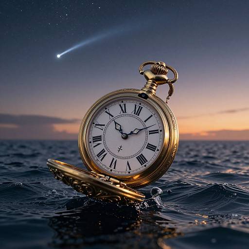 Photograph of an antique gold pocket watch with black Roman numerals, partially submerged in ocean water, under a twilight sky with a shooting star.