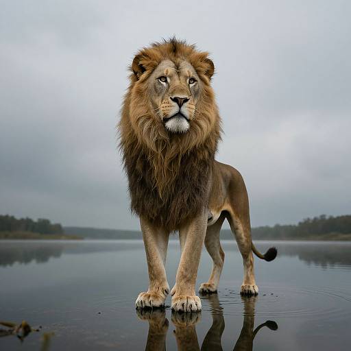 Photograph of a majestic male lion standing in shallow water, with a dense mane and focused gaze, reflecting on the calm surface. Overcast sky and