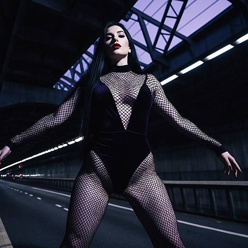 Woman in Fishnet Gothic Dress in Urban Underpass