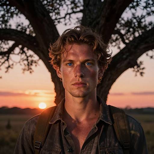 Photograph of a serious, blue-eyed, curly-haired man in a dark shirt, standing in front of a large tree at sunset. Warm, orange