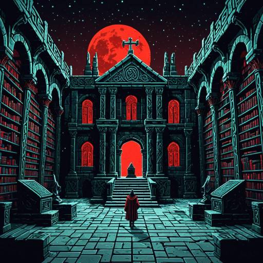 Enchanted Low Poly Library with Red Moon