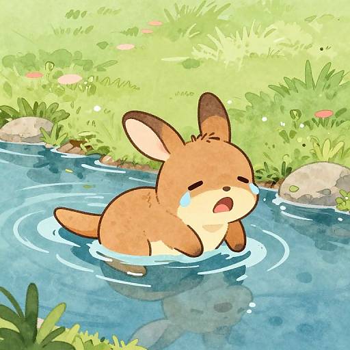 Cute digital drawing of an orange, tearful, cartoonish baby kangaroo with big ears, standing in a clear blue stream surrounded by green grass
