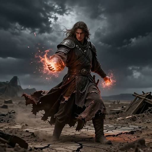 Photorealistic digital art: A grim, long-haired warrior with intense expression, conjuring fiery sparks from his outstretched hands, stands amidst a
