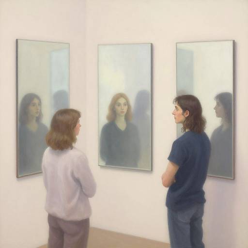 Photograph of two women in an art gallery, viewing three framed portraits of women with reflective glass. One woman wears a light gray sweater, the other