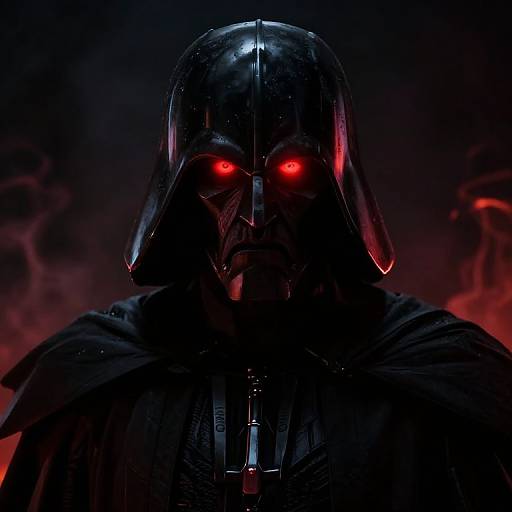 Photograph of Darth Vader in a dark, shadowy setting with glowing red eyes, black helmet, and cape, illuminated by red light.