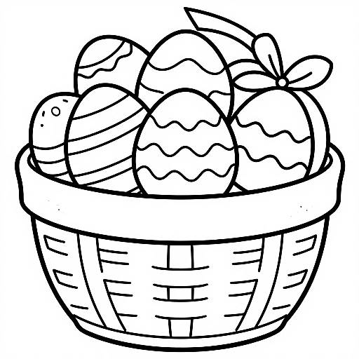 Black and white line drawing of a woven basket filled with three large, swirled ice cream cones, topped with a single bow.