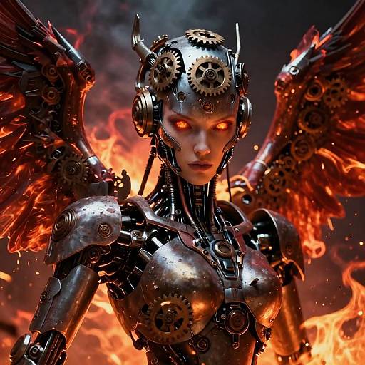 Cyborg angel with glowing red eyes, metal gears, and black wings, standing amid fiery flames in dark, smoky background. Digital art.