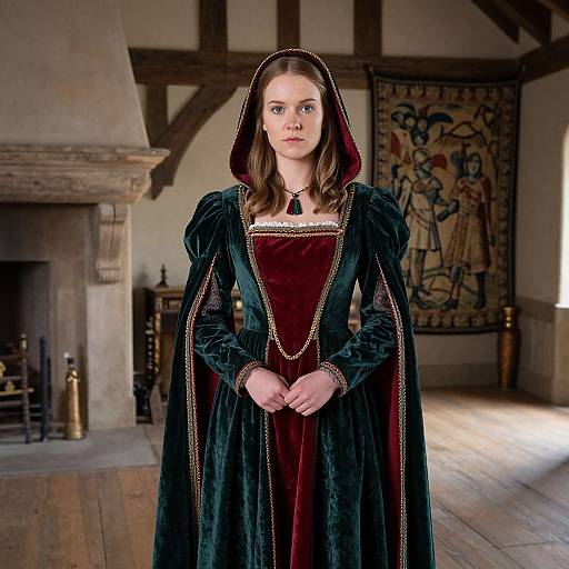 Photograph of a young woman with fair skin and brown hair, wearing a medieval-style black velvet gown with red velvet bodice, standing in a dim