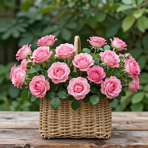 Vibrant Pink Roses in Woven Basket