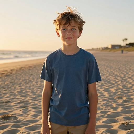 Photograph of a young boy with tousled brown hair, wearing a blue t-shirt and beige pants, standing on a sandy beach at sunset.