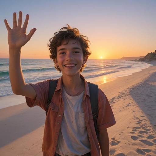 Joyful Teenage Boy on Sunrise Beach