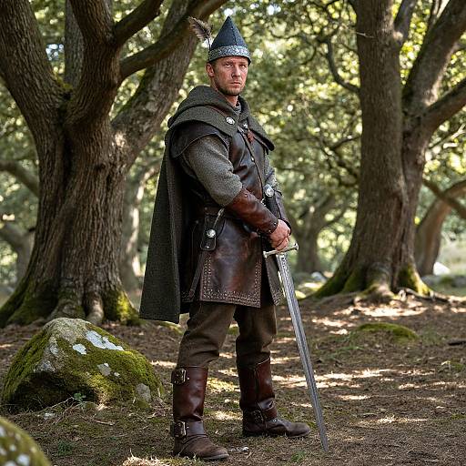 Photograph of a bearded man in medieval armor, including a blue helmet, standing in a sunlit forest, holding a sword, surrounded by trees