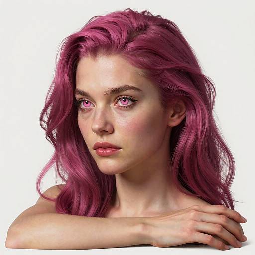 Digital portrait of a young woman with vibrant pink hair, pink eyes, and fair skin, gazing slightly to the side with a hand resting on her