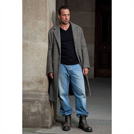 Photograph of a serious-looking man with short brown hair, wearing a black-and-white houndstooth coat, black V-neck shirt, light blue