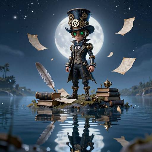Steampunk child with green eyes, top hat, and ornate coat stands on floating books, feather, and papers under full moon.