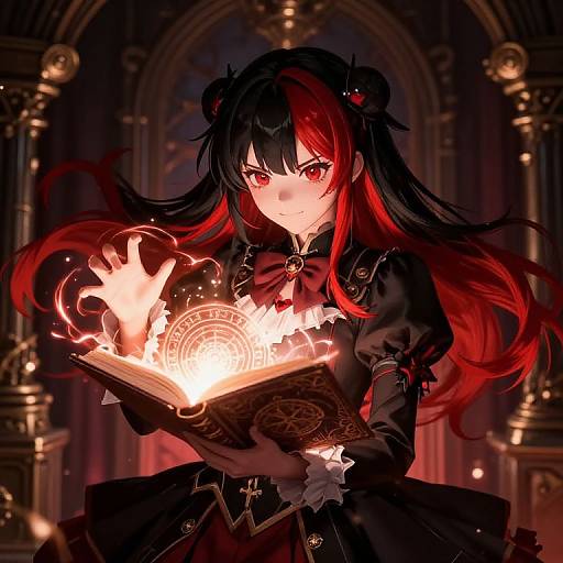 Anime-style digital artwork of a red-eyed girl with black and red hair, wearing a gothic black dress, casting a spell from an enchanted book in