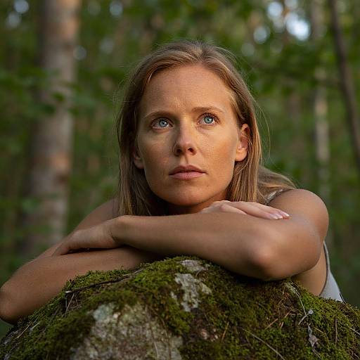 Photograph of a young woman with blue eyes, light brown hair, and fair skin, resting her arms on a moss-covered tree trunk in a forest