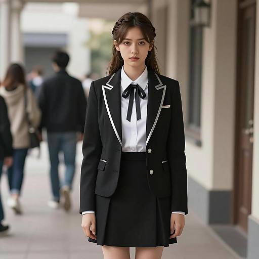 Young Woman in Stylish Black Blazer and Skirt