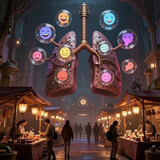 Cyberpunk 3D Marketplace with Clockwork Lung